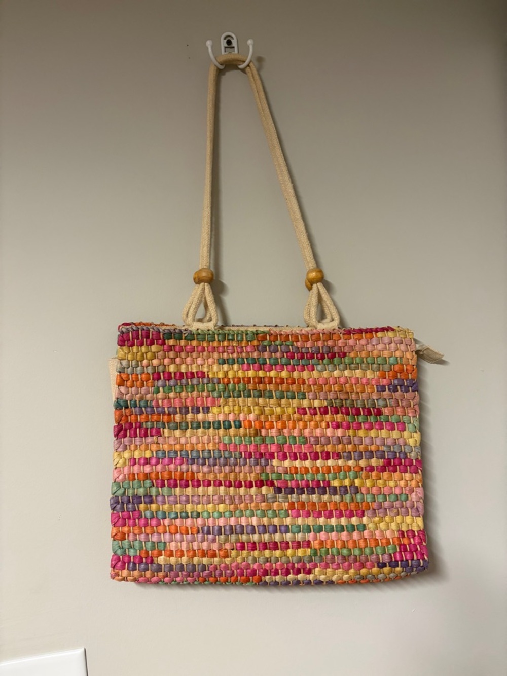 Multicolor Woven Straw Tote Bag with Rope Handles Medium Beach Bag EUC
